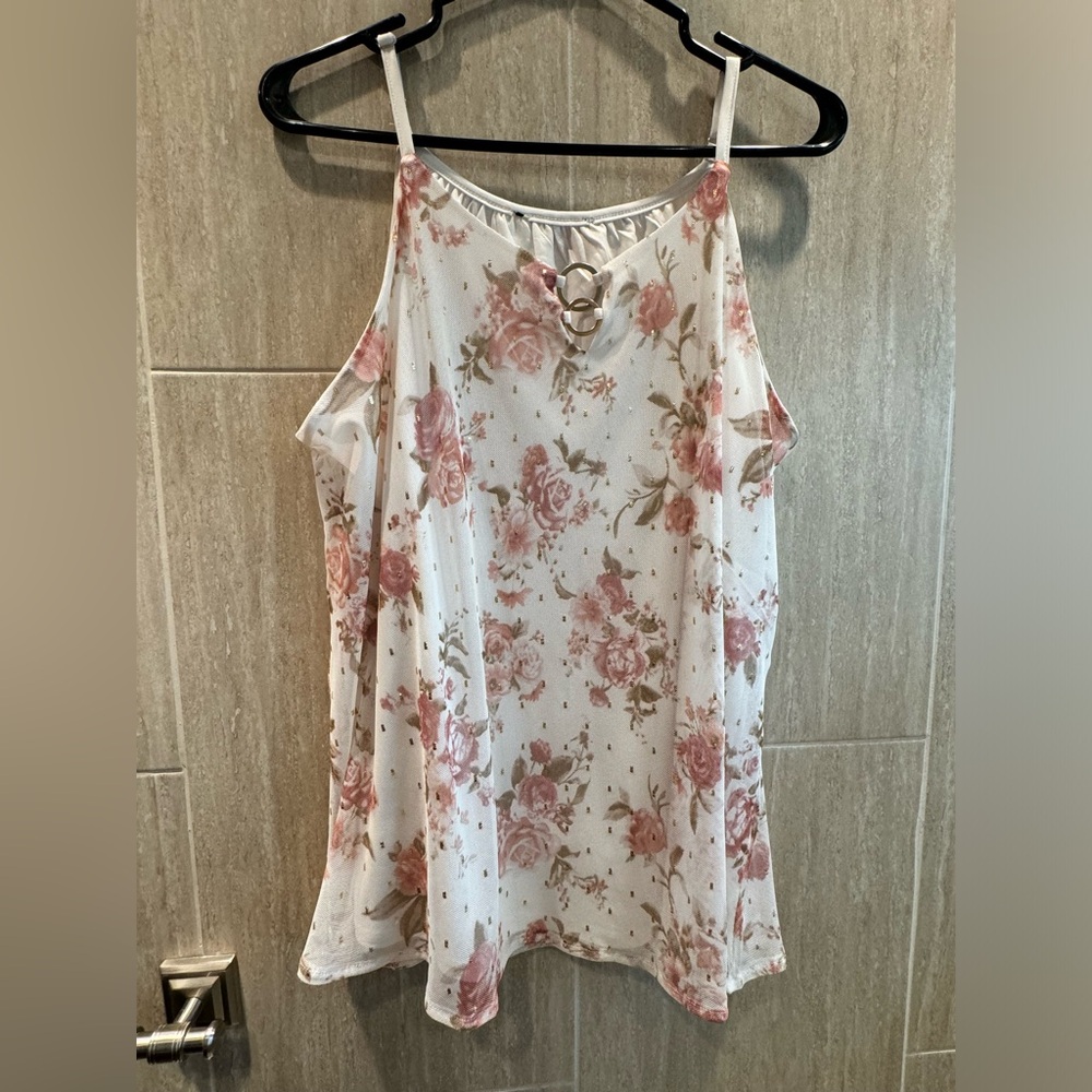 White with pink flowers flowy tank top